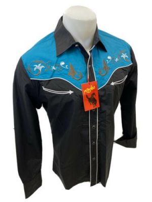 Men RODEO WESTERN BLACK TEAL STITCH Long Sleeve Woven SNAP UP Shirt Cowboy 506