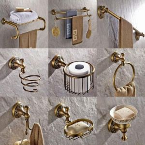Antique Brass Carved Bathroom Accessories Set Bath Hardware Towel Bar ee007