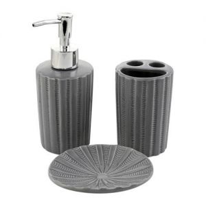 Gray Stripe 3pc Bath Ceramic Solution Set Toothbrush Holder Dispenser Soap Dish