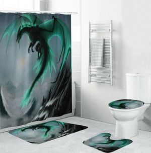 Dragon Bathroom Rug Set Shower Curtain Thick Non-Slip Bath Mat Toilet Lid Cover