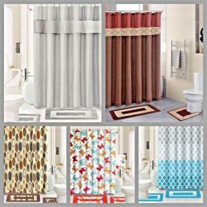 NEW COUNTRY STYLE BATHROOM SHOWER CURTAIN MATCHING BATH MAT COUNTOUR RUG SET