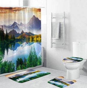 Scenery Bathroom Rug Set Shower Curtain Thick Non-Slip Bath Mat Toilet Lid Cover