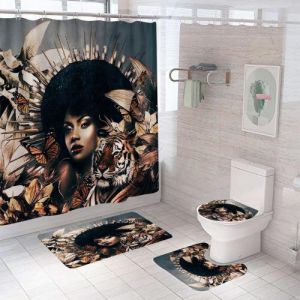 African Woman Bathroom Rug Set Shower Curtain Non Slip Toilet Lid Cover Bath Mat