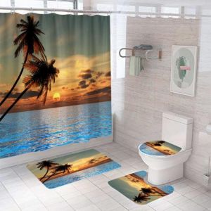 Seaside Bathroom Rug Set Shower Curtain Thick Non Slip Toilet Lid Cover Bath Mat