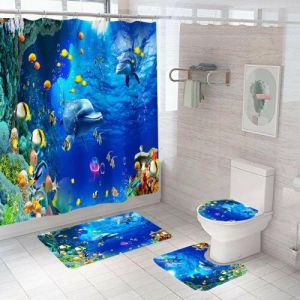 Dolphin Bathroom Rug Set Shower Curtain Thick Non Slip Toilet Lid Cover Bath Mat