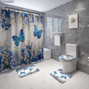 4 Pcs Blue Butterfly Print Shower Curtain Carpet Cover Toilet Cover Bath Mat Set