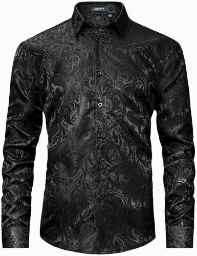לגאסוס - לקנות מחו"ל בשפה שלך בגדי גברים  HISDERN Men's Shiny Satin Dress Shirts Luxury Floral Jacquard Slik Like Long Sle