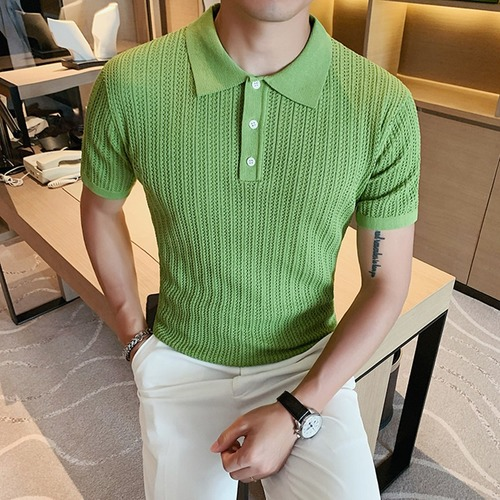 לגאסוס - לקנות מחו"ל בשפה שלך בגדי גברים  British Style Men Knitting Short Sleeve Shirts Solid Color Business Clothing